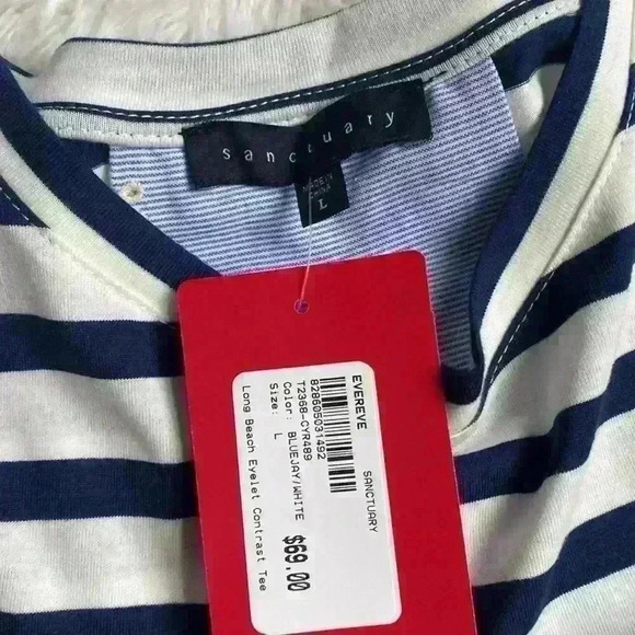 Sanctuary, navy blue and white stripe top. Size large.  Twofer style.  NWT. - Picture 2 of 5